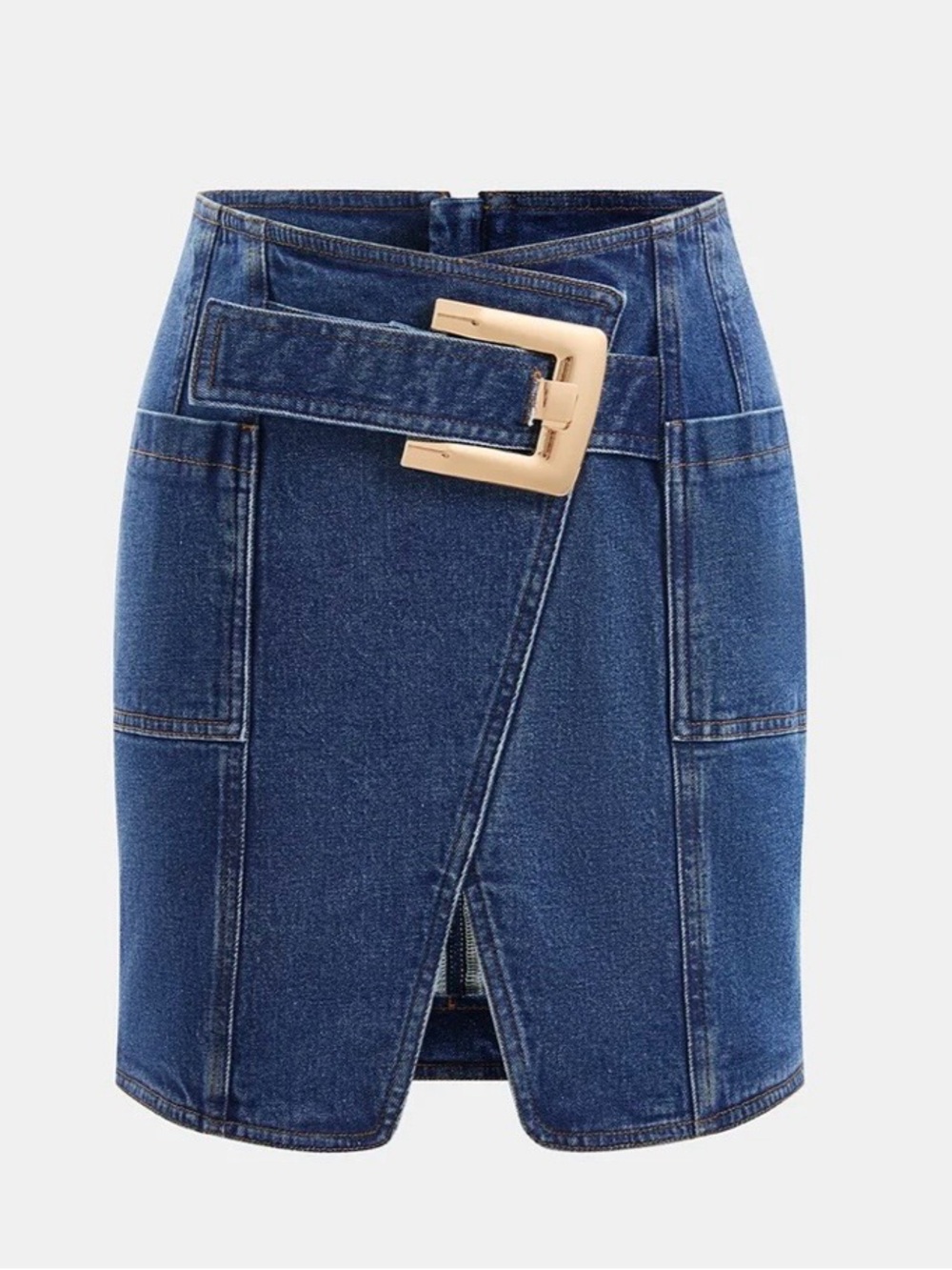 Commense Buckle Detail Asymmetrical Denim Mini Skirt Women’s L NWT